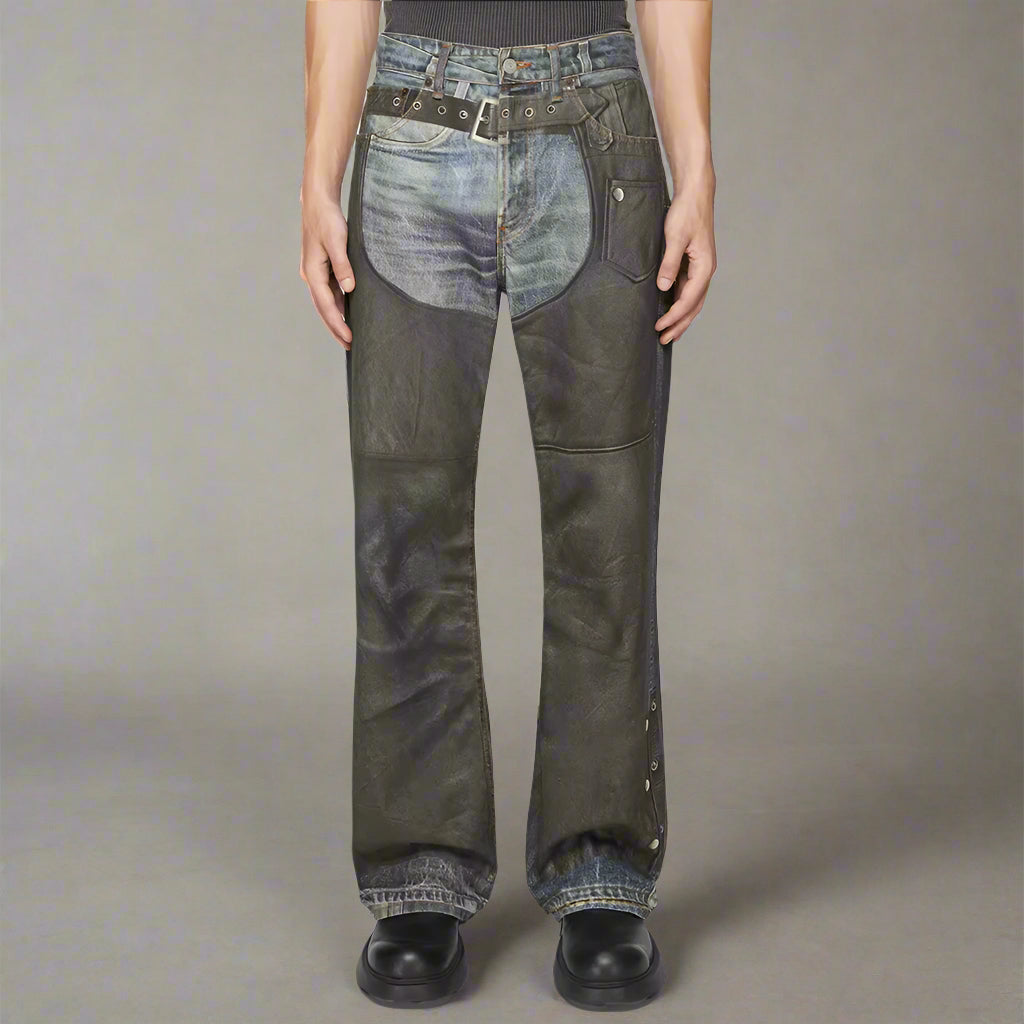 High Street Pu Leather Patchwork Baggy Jeans Pants for Men and Women Side Buttons Striaght Casual Loose Denim Trousers Oversize