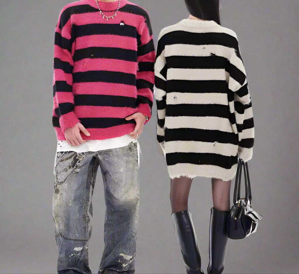 Contrast Color Striped Hole Baggy Knitted Sweater for Men and Women Crew Neck Streetwear Pullover Sweater Oversize Loose Clothes