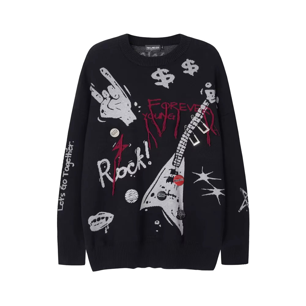 High Street Letter Graffiti Baggy Pullover Sweater for Men and Women round Neck Black Gray Knitted Wool Sweaters Oversized
