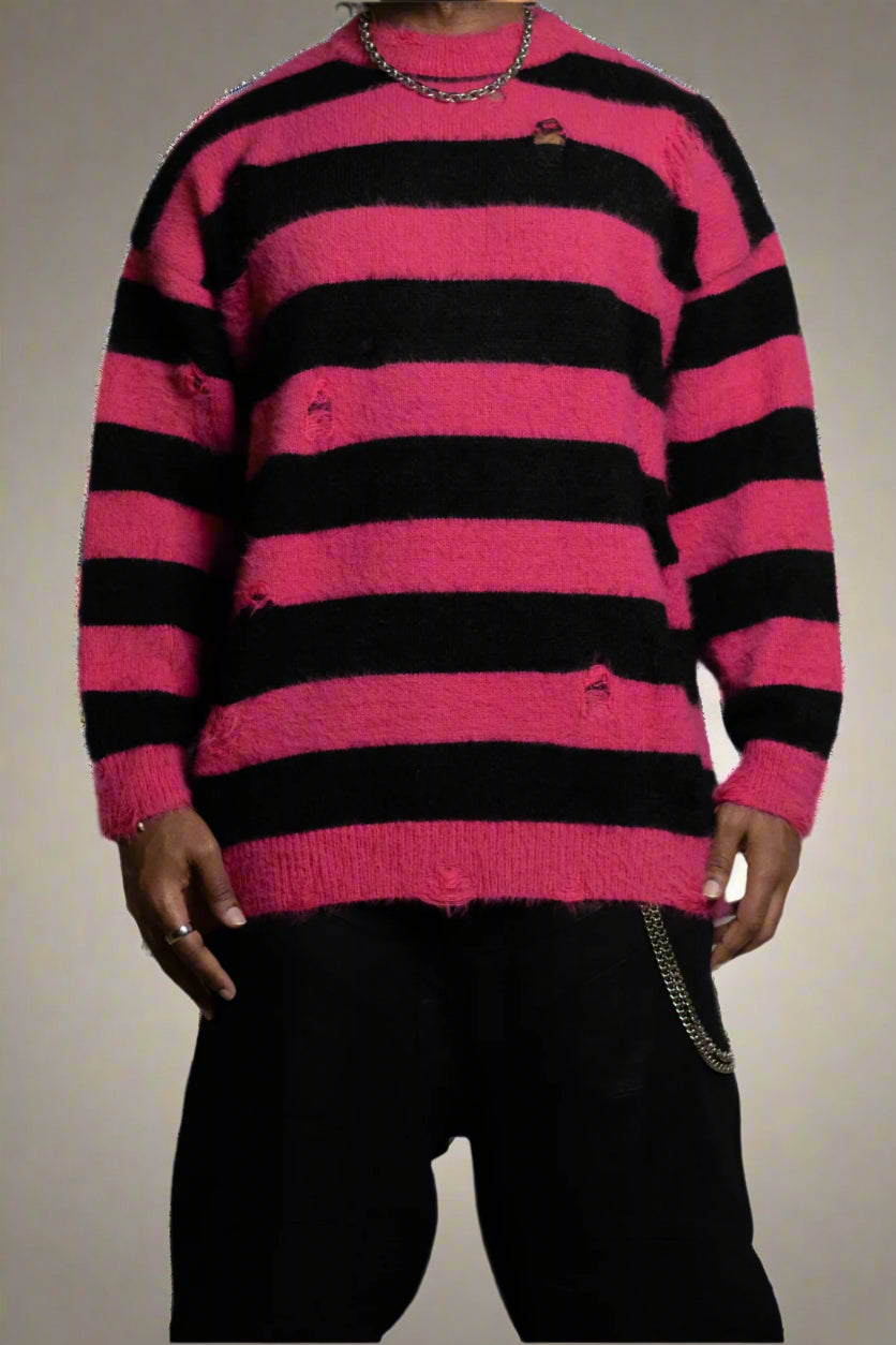 Distressed Striped Knit Sweater