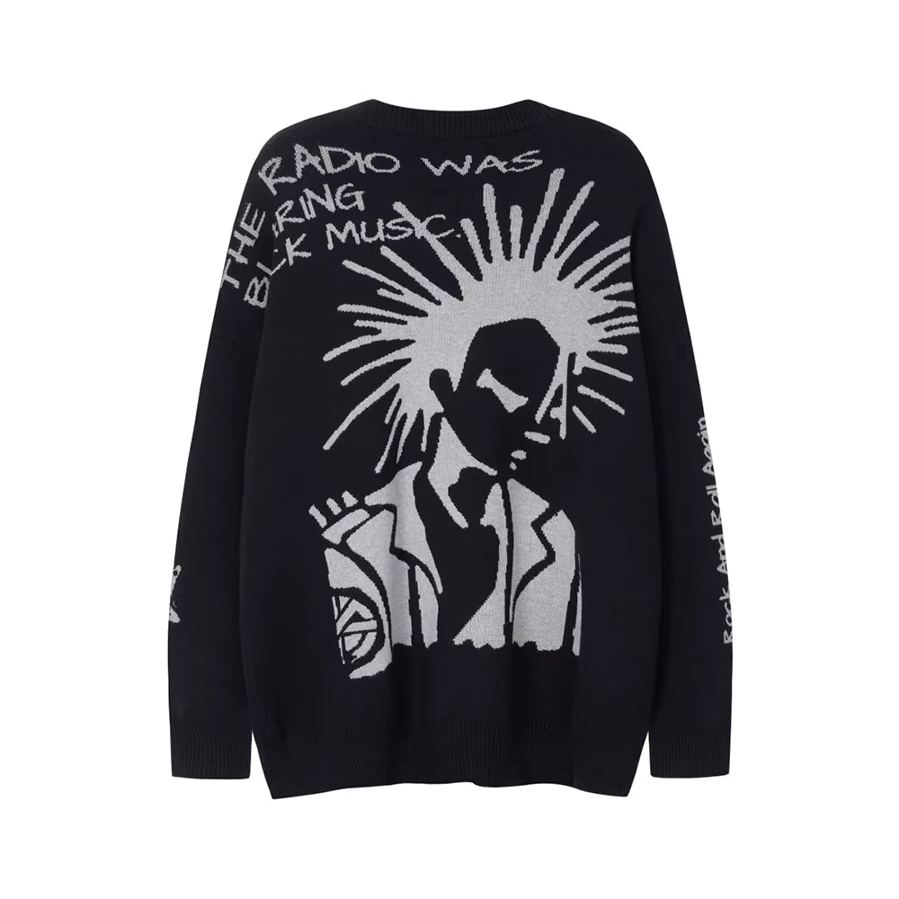 High Street Letter Graffiti Baggy Pullover Sweater for Men and Women round Neck Black Gray Knitted Wool Sweaters Oversized