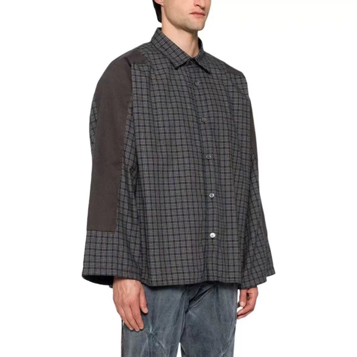 Harajuku Patch Contrast Color Checkered Shirts for Men and Women Turn-Down Collar Oversized Casual Long Sleeve Fall Plaid Shirt