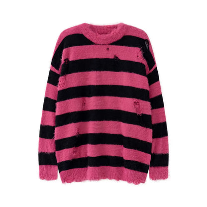 Contrast Color Striped Hole Baggy Knitted Sweater for Men and Women Crew Neck Streetwear Pullover Sweater Oversize Loose Clothes