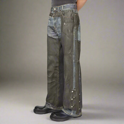 High Street Pu Leather Patchwork Baggy Jeans Pants for Men and Women Side Buttons Striaght Casual Loose Denim Trousers Oversize