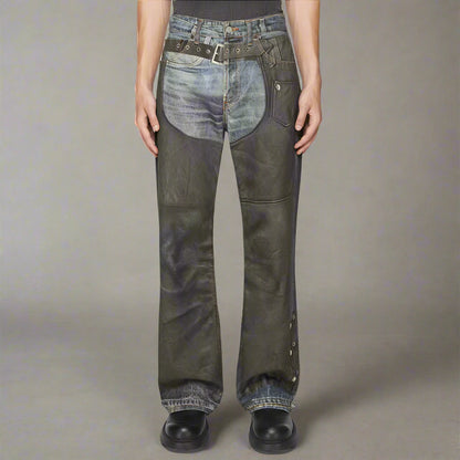 High Street Pu Leather Patchwork Baggy Jeans Pants for Men and Women Side Buttons Striaght Casual Loose Denim Trousers Oversize