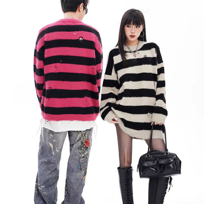 Contrast Color Striped Hole Baggy Knitted Sweater for Men and Women Crew Neck Streetwear Pullover Sweater Oversize Loose Clothes