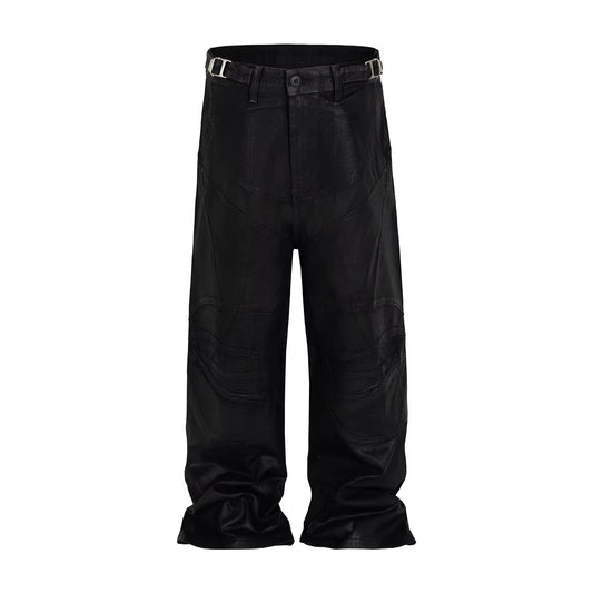 Vintage Coated Wax Black Wide Leg Baggy Cargo Pants Men'S Streetwear Cleanfit Pleated Casual Overalls Oversized Loose Trousers