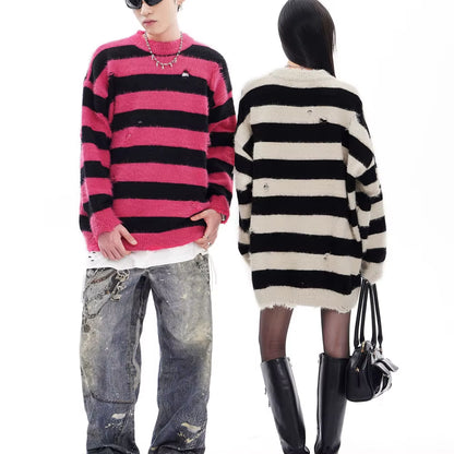 Contrast Color Striped Hole Baggy Knitted Sweater for Men and Women Crew Neck Streetwear Pullover Sweater Oversize Loose Clothes