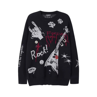 High Street Letter Graffiti Baggy Pullover Sweater for Men and Women round Neck Black Gray Knitted Wool Sweaters Oversized