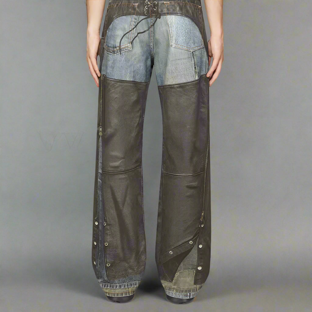 High Street Pu Leather Patchwork Baggy Jeans Pants for Men and Women Side Buttons Striaght Casual Loose Denim Trousers Oversize
