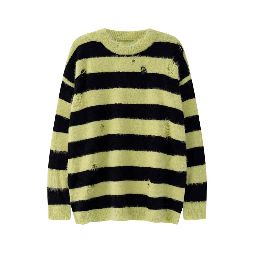 Contrast Color Striped Hole Baggy Knitted Sweater for Men and Women Crew Neck Streetwear Pullover Sweater Oversize Loose Clothes