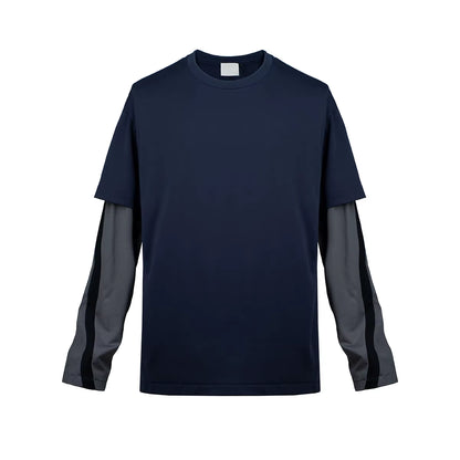 Y2K Streetwear Fake Two Pieces Color Match Long Sleeve Mens Fall Tshirts Crew Neck Casual Baggy Cotton T-Shirt Oversized