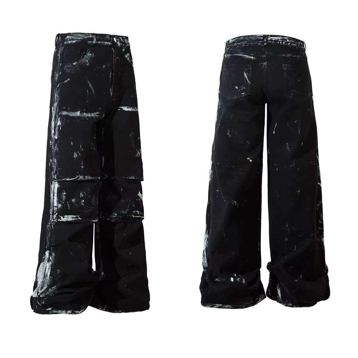 Hand Graffiti Pleated Straight Baggy Black Jeans Pants for Men and Women High Street Ropa Hombre Loose Denim Trousers Oversized