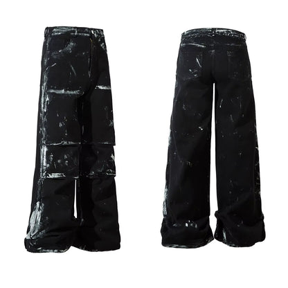 Hand Graffiti Pleated Straight Baggy Black Jeans Pants for Men and Women High Street Ropa Hombre Loose Denim Trousers Oversized