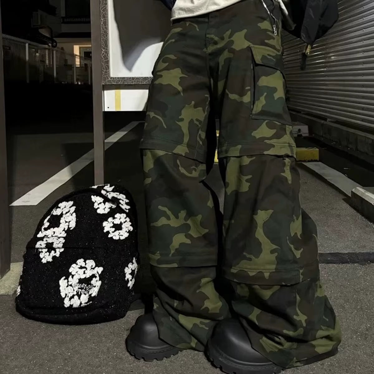 Color Coordinated Multi-Pocket Camouflage Cargo Pants for Men and Women - Streetwear Patchwork Baggy Overalls with Wide Leg Design