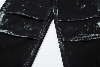 Hand Graffiti Pleated Straight Baggy Black Jeans Pants for Men and Women High Street Ropa Hombre Loose Denim Trousers Oversized