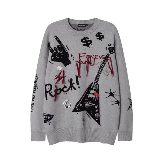 High Street Letter Graffiti Baggy Pullover Sweater for Men and Women round Neck Black Gray Knitted Wool Sweaters Oversized