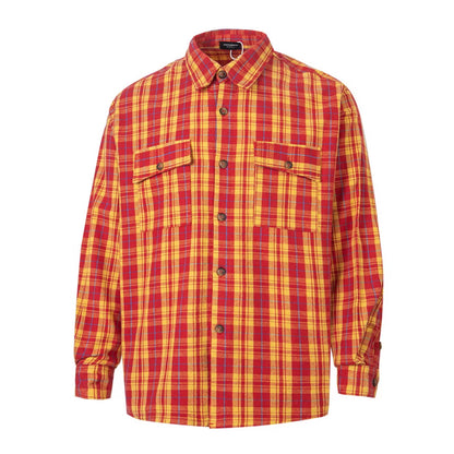 Y2K Yellow Red Checkered Long Sleeve Shirts for Men and Women Lapel Plaid Camisas Ropa Hombre Shirt Patchwork Oversized Blouses