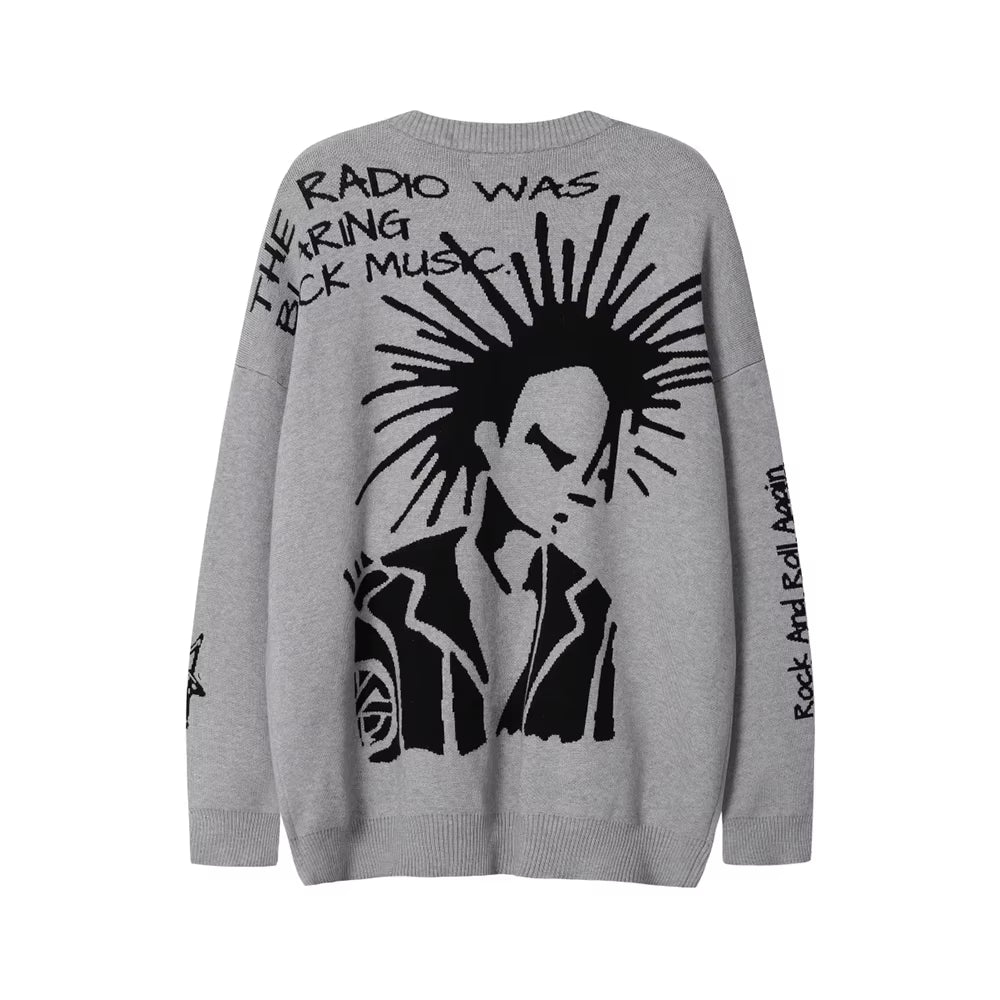 High Street Letter Graffiti Baggy Pullover Sweater for Men and Women round Neck Black Gray Knitted Wool Sweaters Oversized