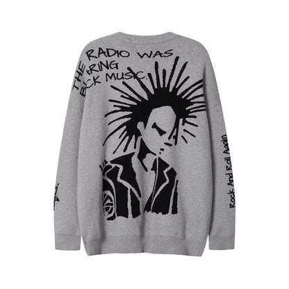 High Street Letter Graffiti Baggy Pullover Sweater for Men and Women round Neck Black Gray Knitted Wool Sweaters Oversized