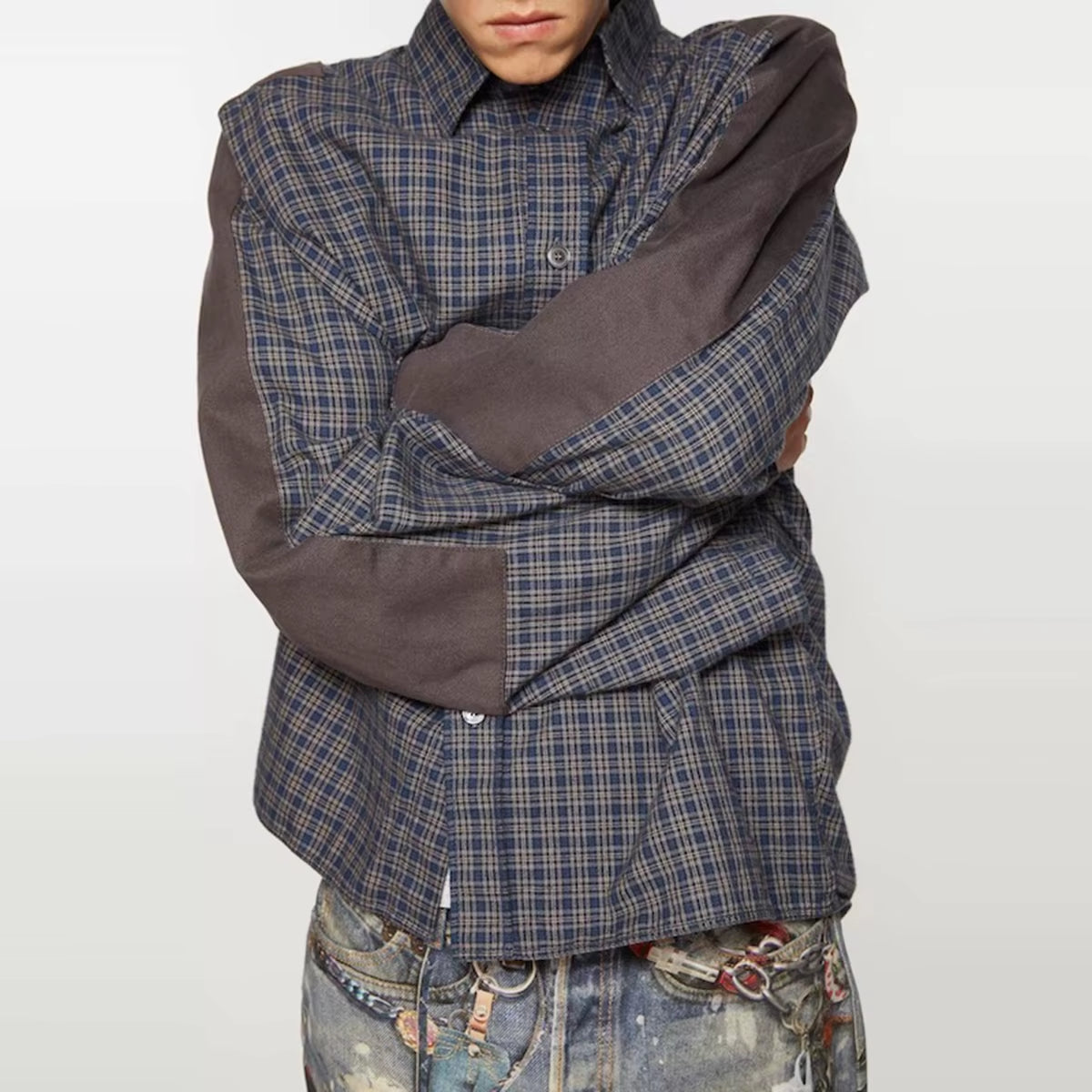 Harajuku Patch Contrast Color Checkered Shirts for Men and Women Turn-Down Collar Oversized Casual Long Sleeve Fall Plaid Shirt