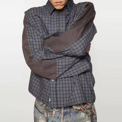 Harajuku Patch Contrast Color Checkered Shirts for Men and Women Turn-Down Collar Oversized Casual Long Sleeve Fall Plaid Shirt