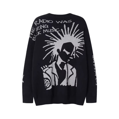 High Street Letter Graffiti Baggy Pullover Sweater for Men and Women round Neck Black Gray Knitted Wool Sweaters Oversized