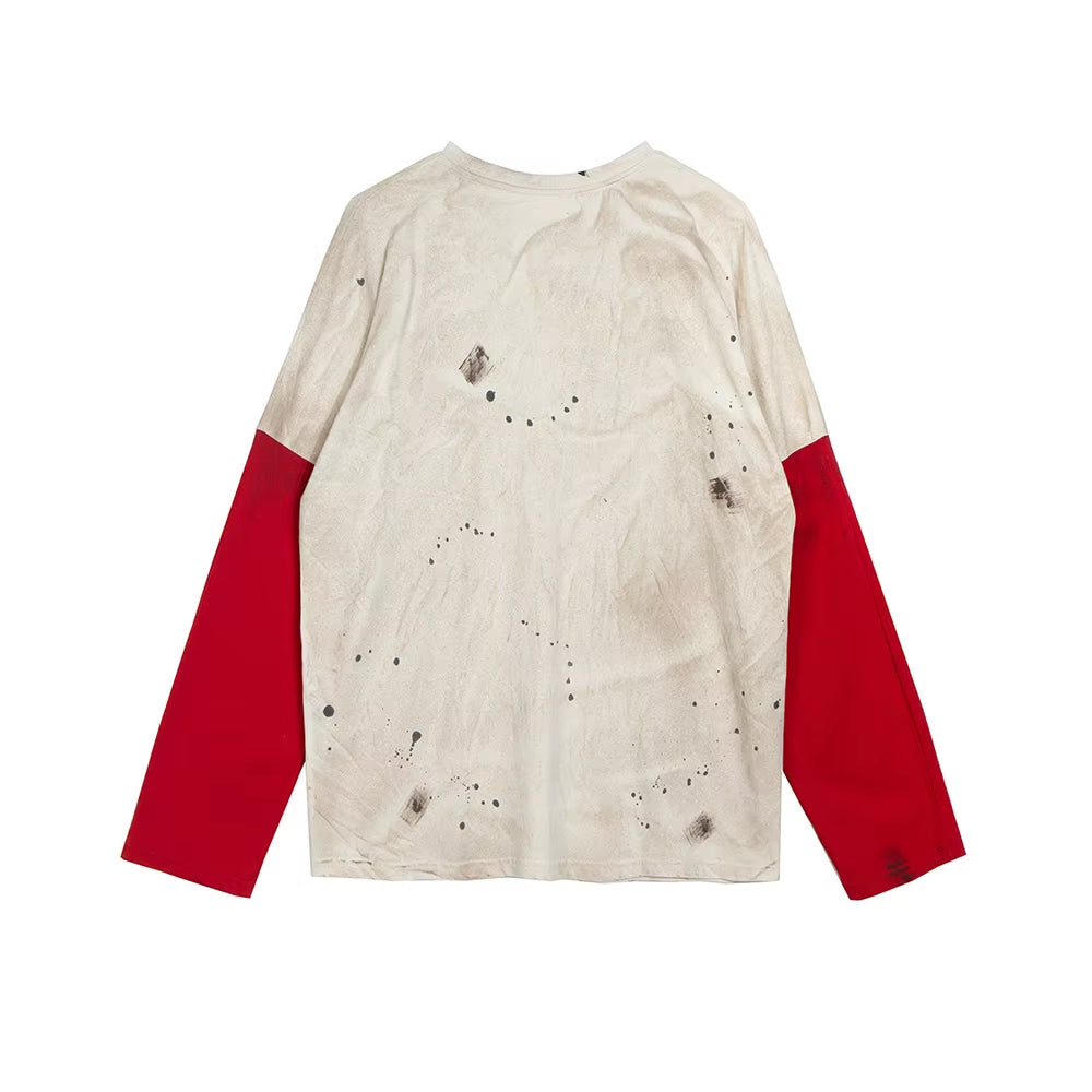 Ink Painted Color Match Long Sleeve Cotton Tshirts Mens and Womens Crewneck Patchwork Baggy Casual Tees Oversize Loose T-Shirt