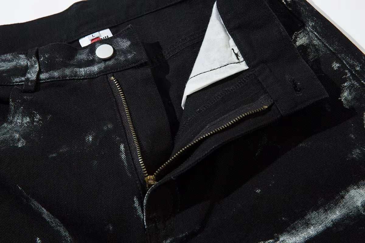 Hand Graffiti Pleated Straight Baggy Black Jeans Pants for Men and Women High Street Ropa Hombre Loose Denim Trousers Oversized